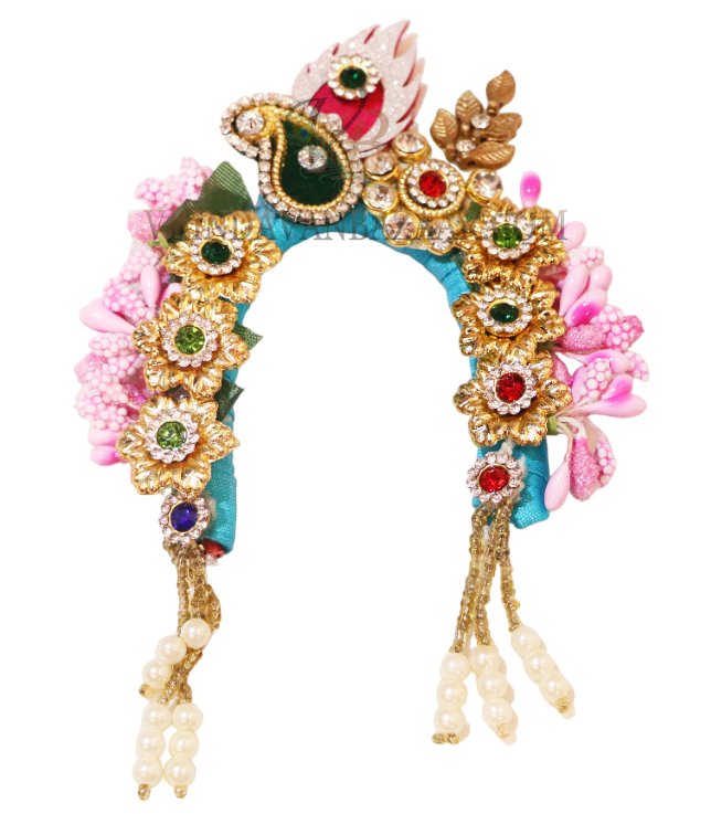 Golden flowers with green buds and peacock feather head tiara; size 1