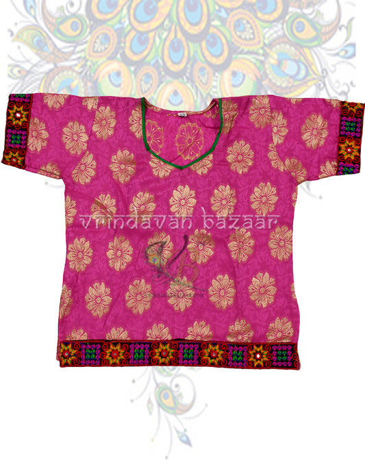Pink brocade gopi dress with embroidered border for girls