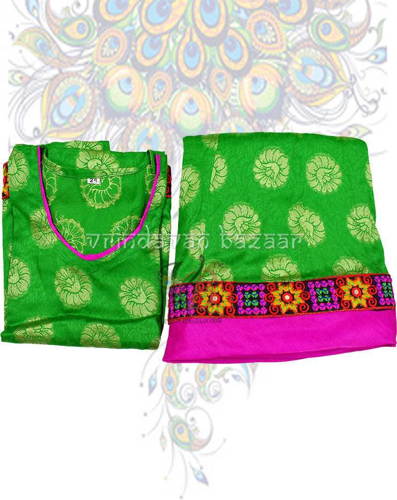 Green brocade gopi dress with embroidered border for girls