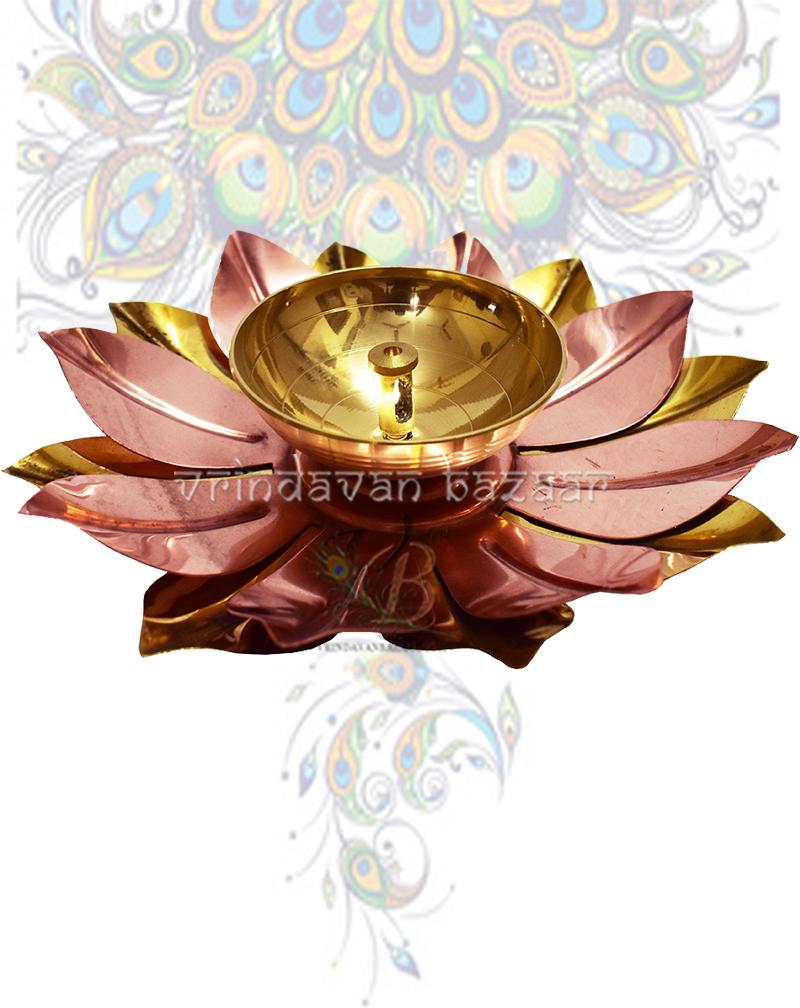 Copper Silver Gold Plated Lotus Design Diya Deepak, 8 Inch
