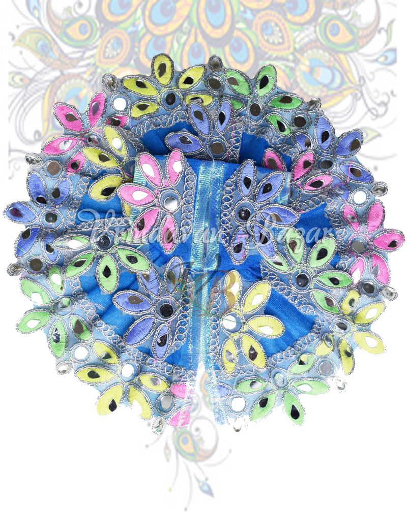 Blue oranza cotton laddu gopal dress with flowers and mirrors; Size 1