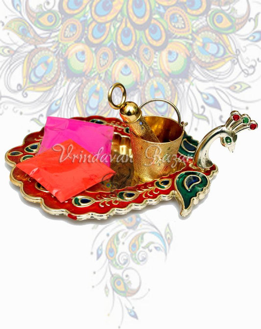 Peacock decoarated plate with Balti pichakri and 2 colour packets