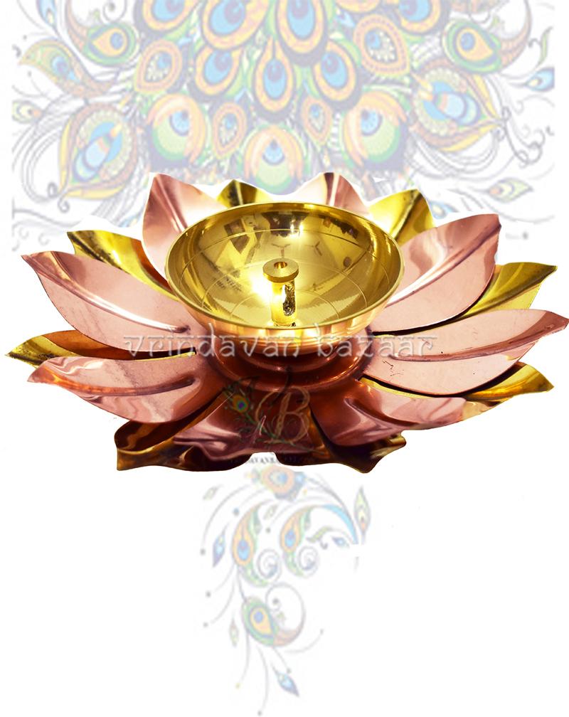 Copper Silver Gold Plated Lotus Design Diya Deepak, 8 Inch