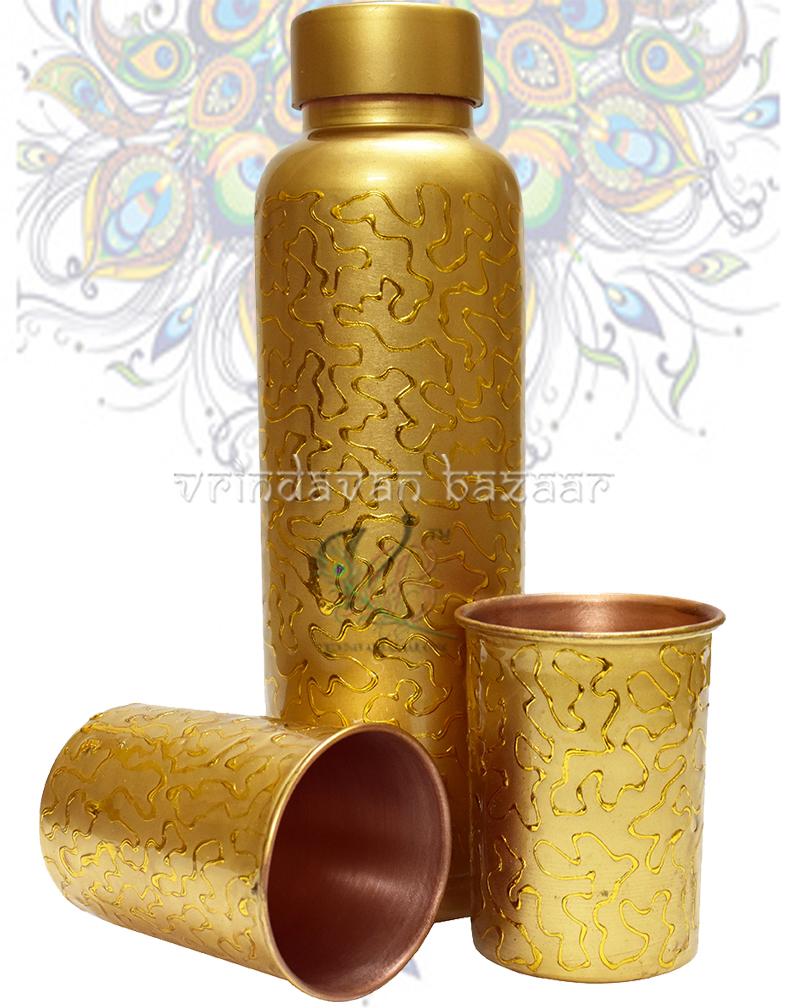 Gold embossed work copper Jug and 2 glasses set