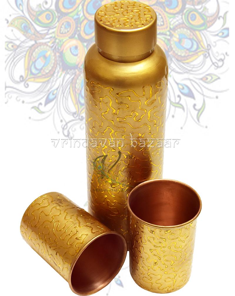 Gold embossed work copper Jug and 2 glasses set