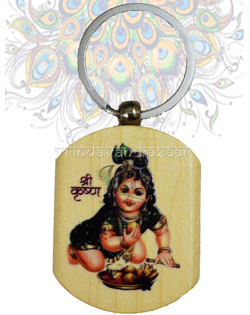 Shri Kanha Wooden Plate Key Ring