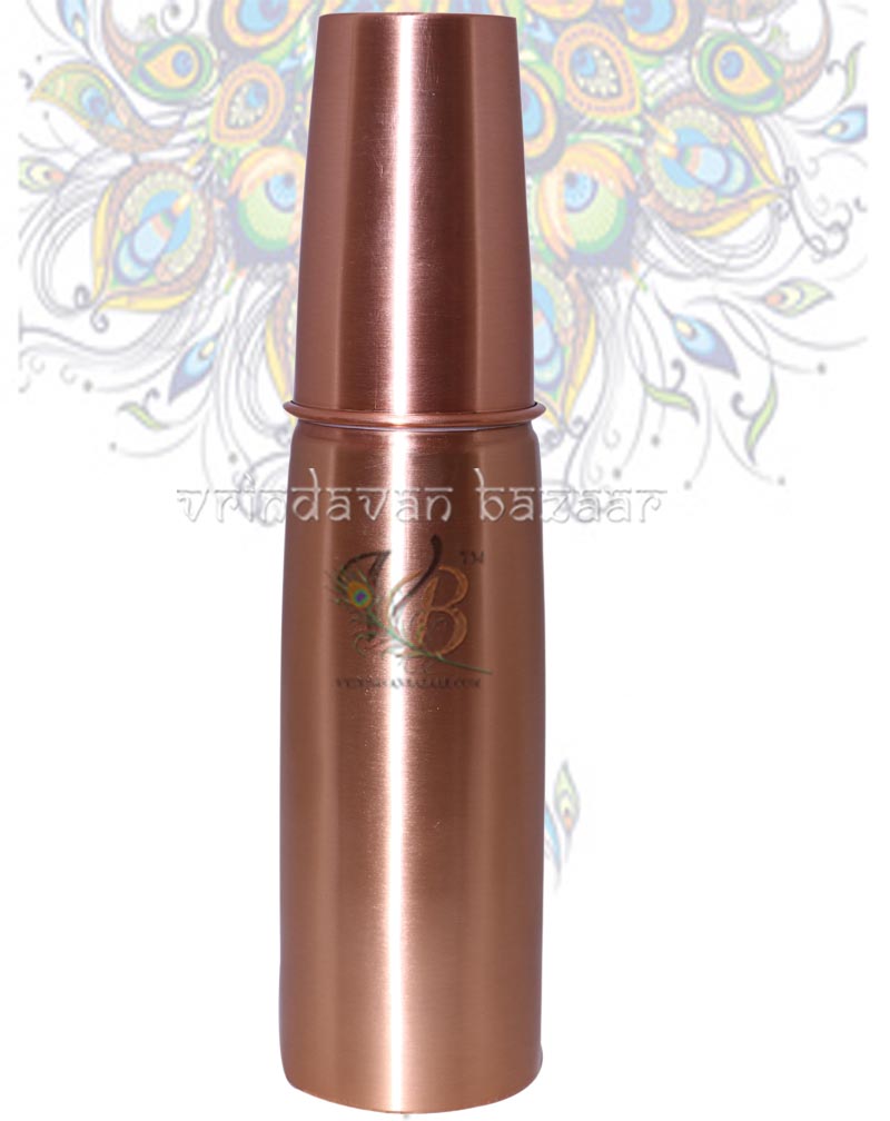 Copper Glass Fitted Ayurveda Copper Water Bottle with Glass Joint Less (1 Litre, Copper Mette Finish Outside Lacquered)