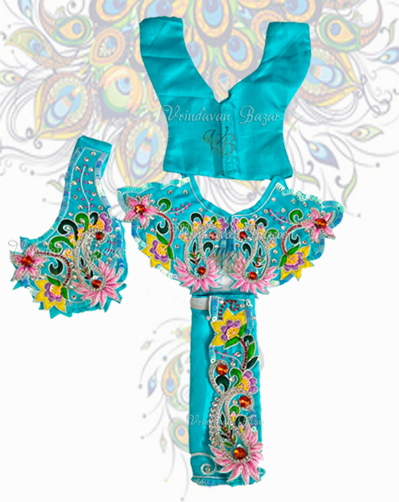 Sky blue Gaur Nitai dress (pant style) with floral embroidery; Size 6 inch