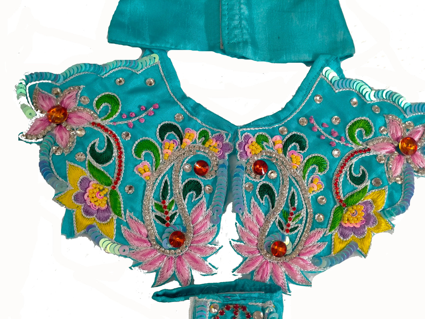 Sky blue Gaur Nitai dress (pant style) with floral embroidery; Size 6 inch