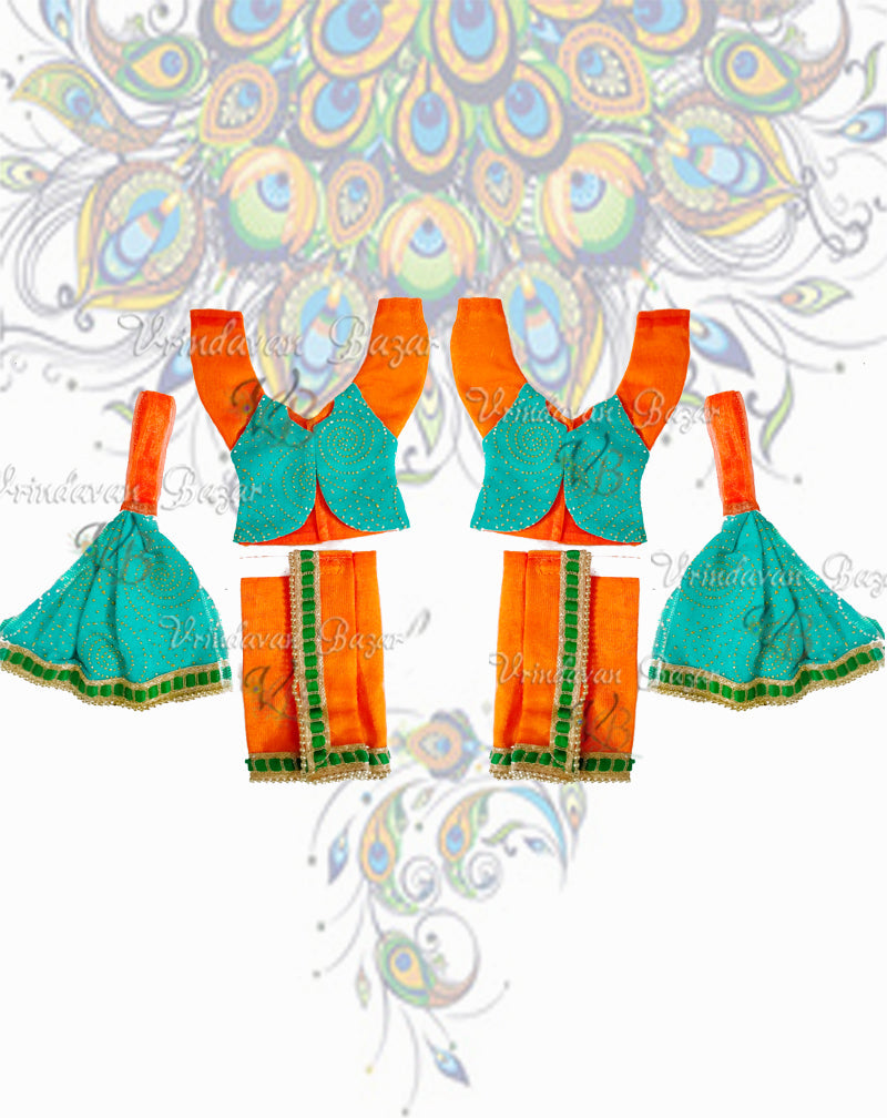 Orange/ Sky blue gaur nitai dress with dew drop work jacket shirt