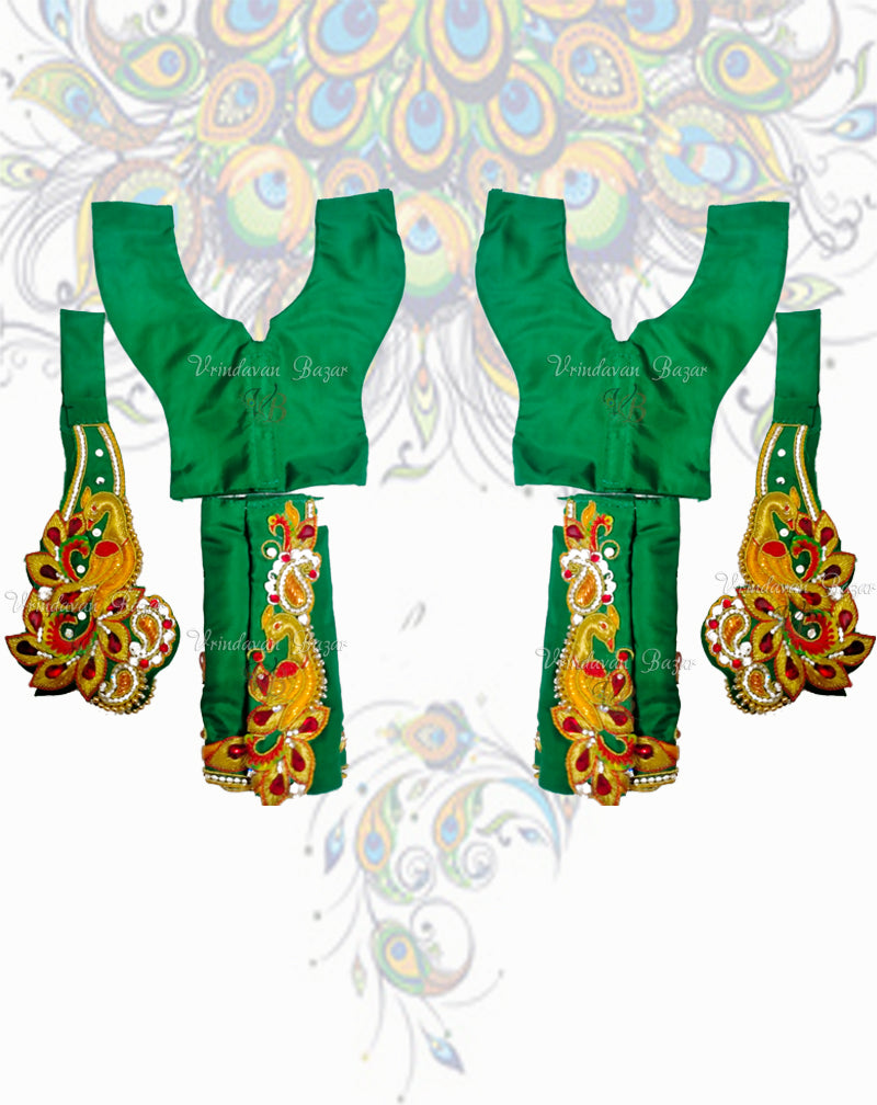 Green Gaur Nitai dress with golden peacock embroidery