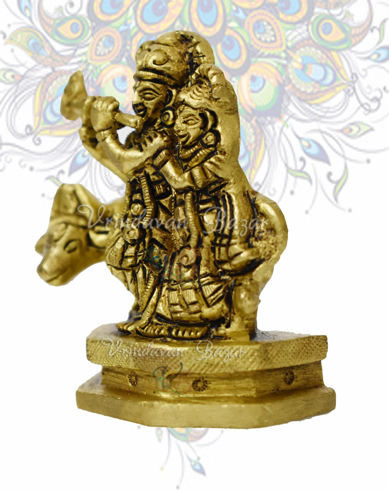 Brass Radha Krishna Idol Sculpture with Cow