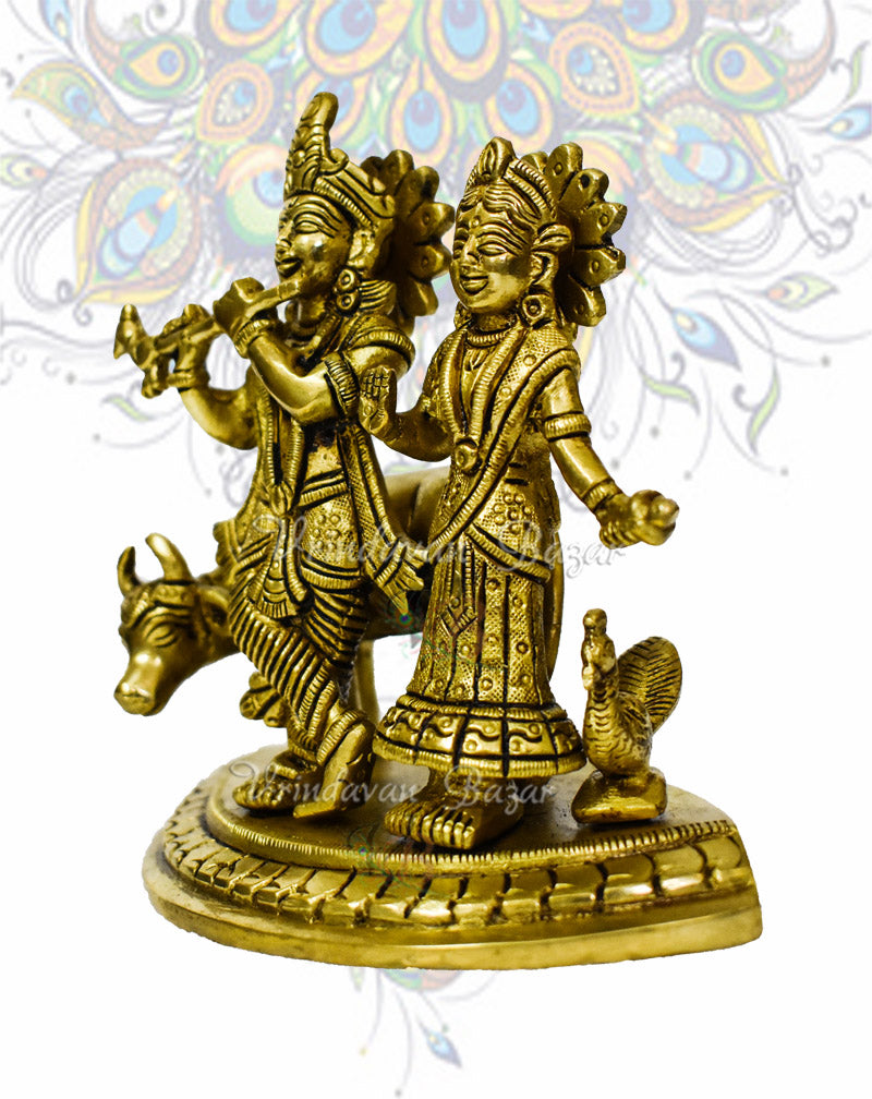 Brass Radha Krishna with Cow and Peacock
