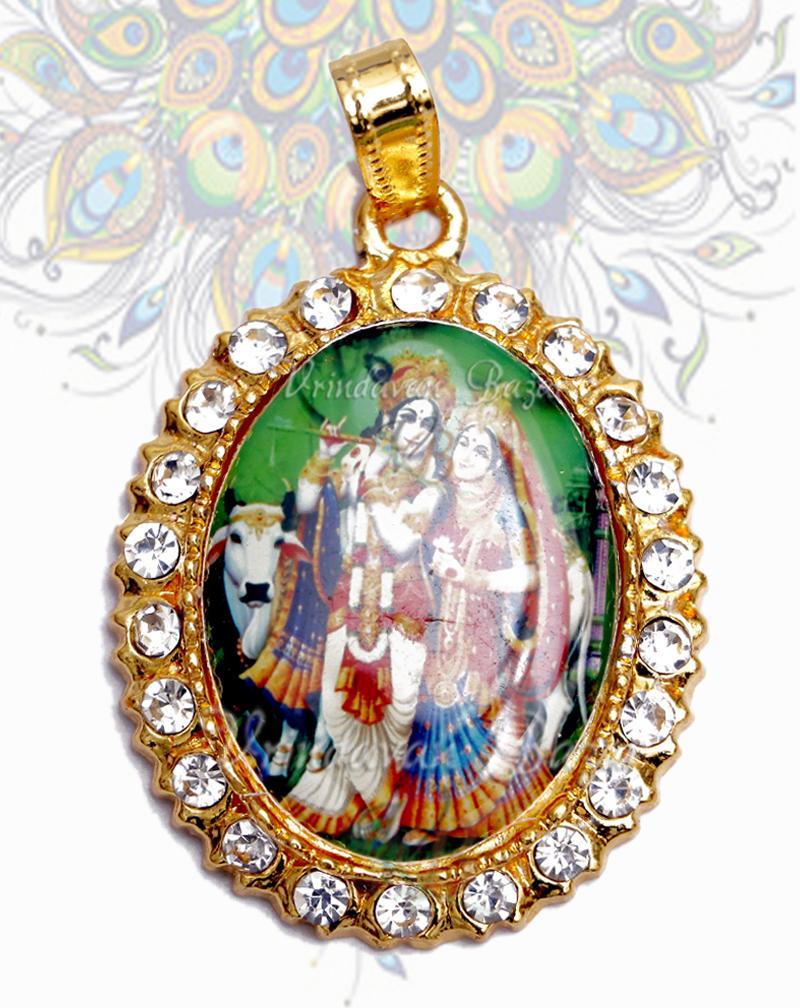 Shri Radha Krishna with cow pendent with stone decoration