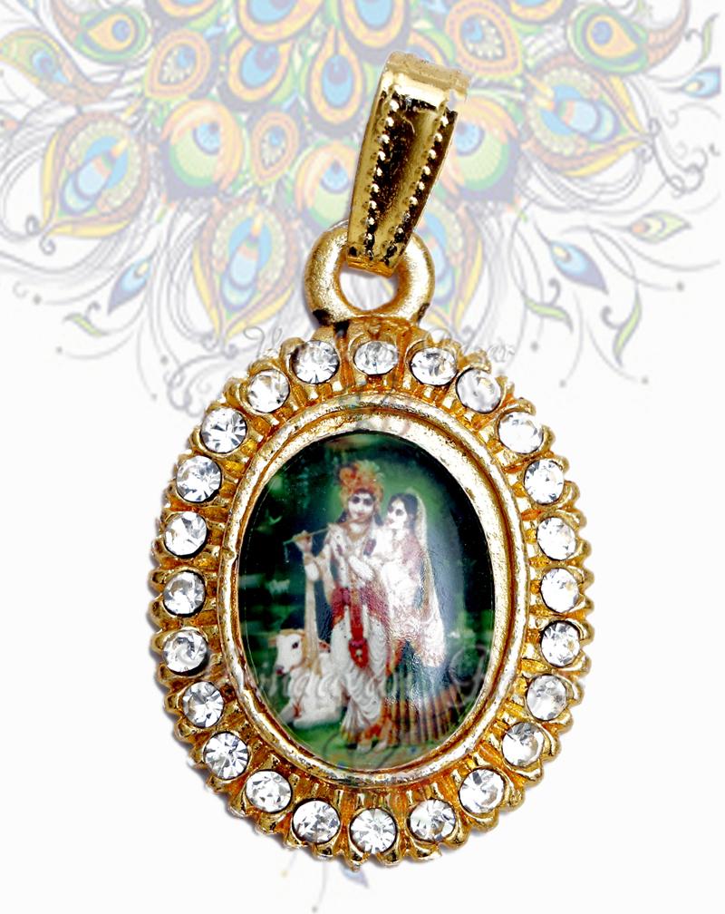 Shri Radha Krishna with cow pendent with stone decoration