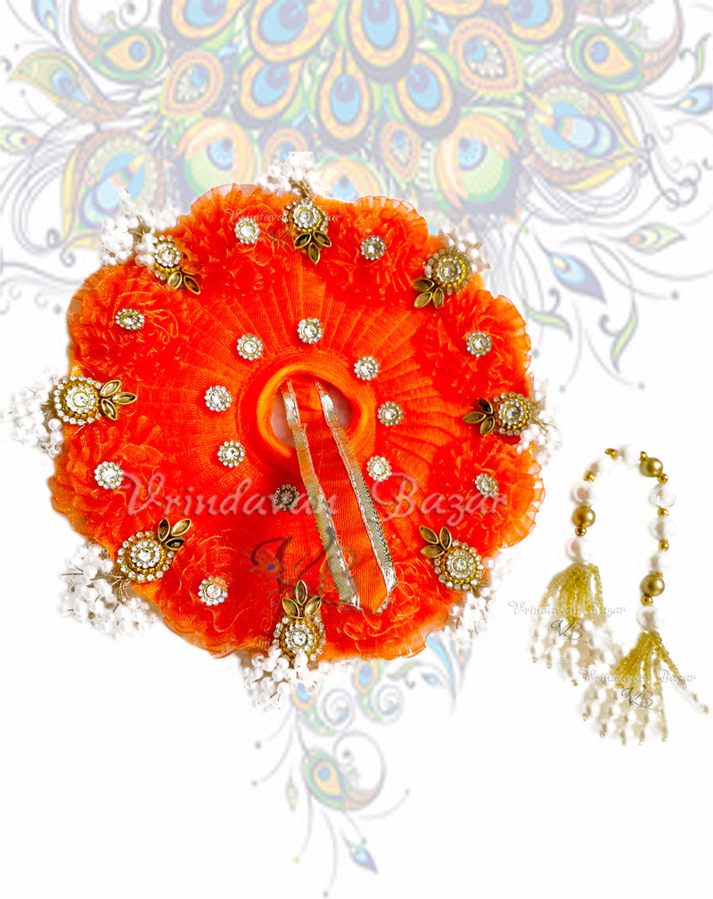 Orange with ribbon flower on border with pearl ticklers zari laddu gopal dress