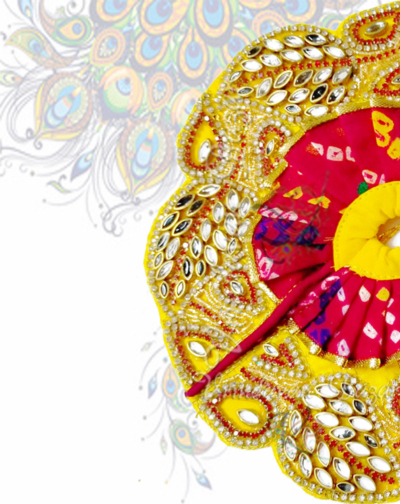 Yellow and red bandej with kundanwork leaves zari laddu gopal dress