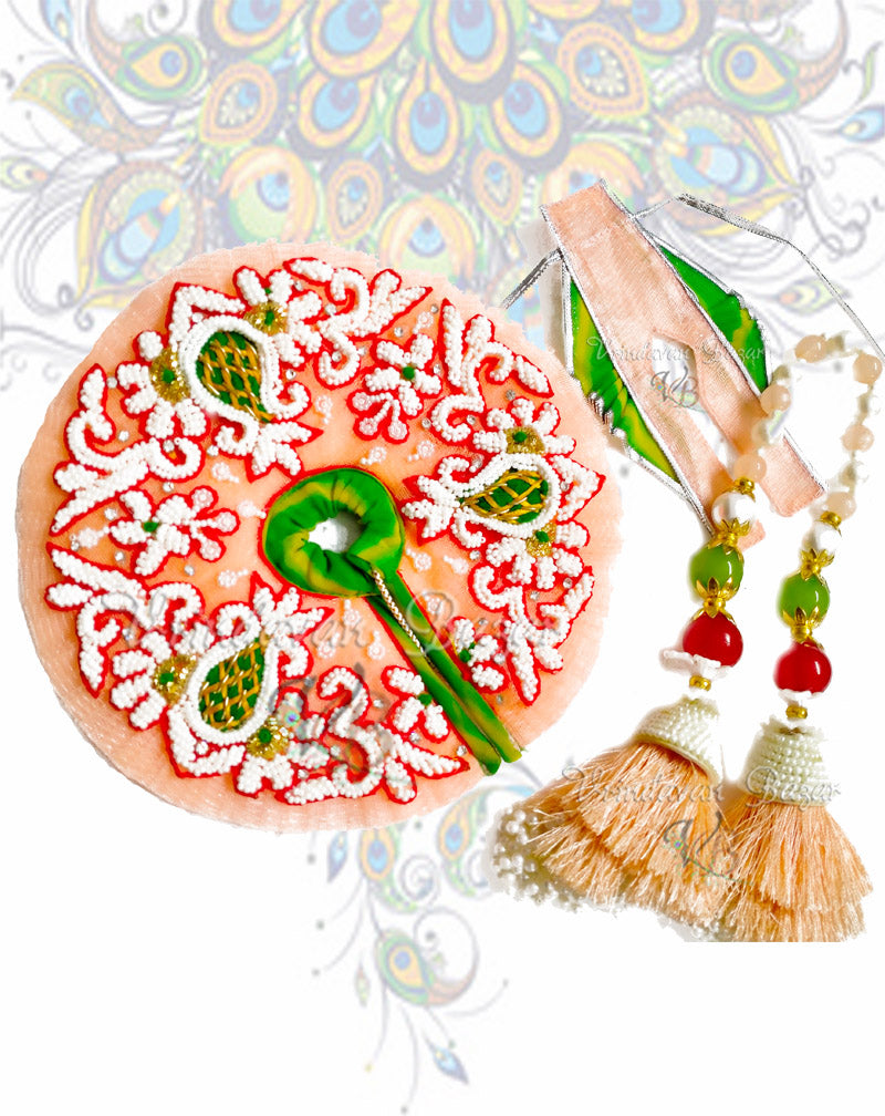 Peach and green with bud design zari laddu gopal dress