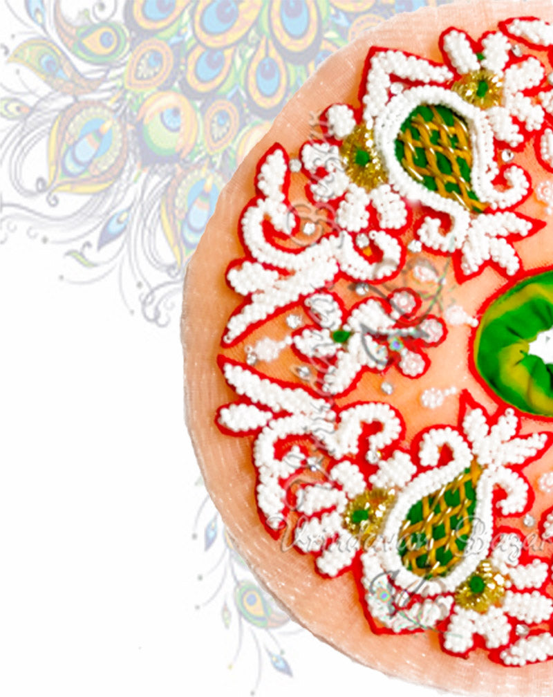 Peach and green with bud design zari laddu gopal dress