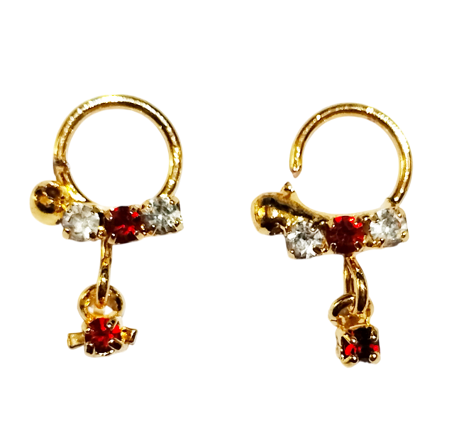 Golden earring with red/white stone