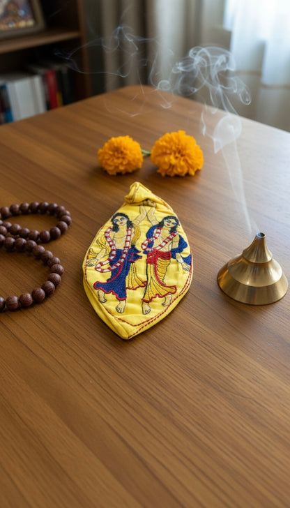Graceful Krishna Radha embroidered japa bag