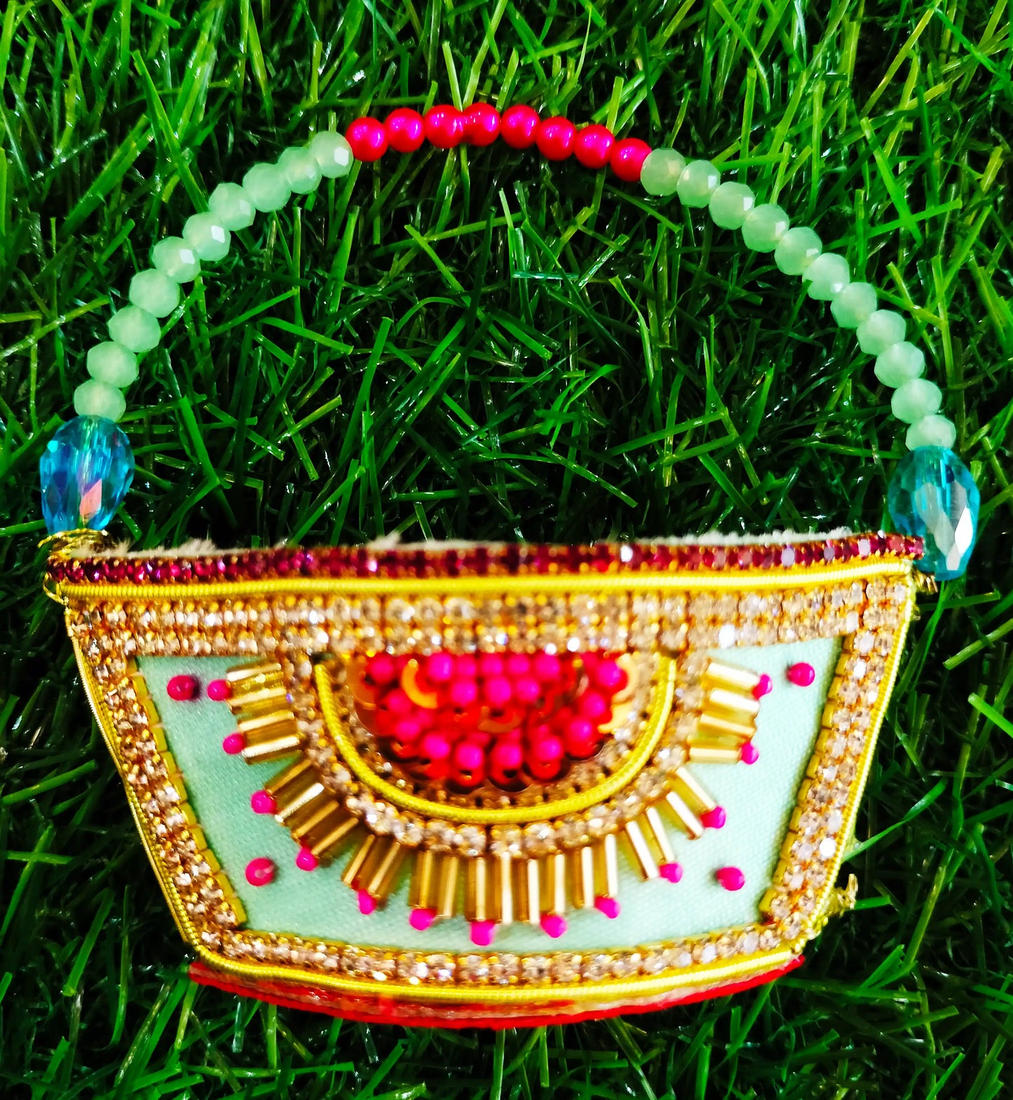 Sea Green zardozi purse with beads embroidery