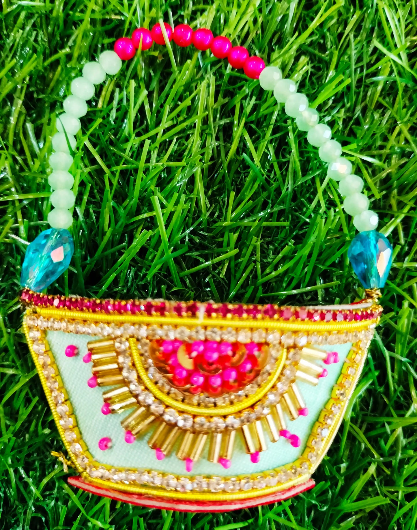 Sea Green zardozi purse with beads embroidery