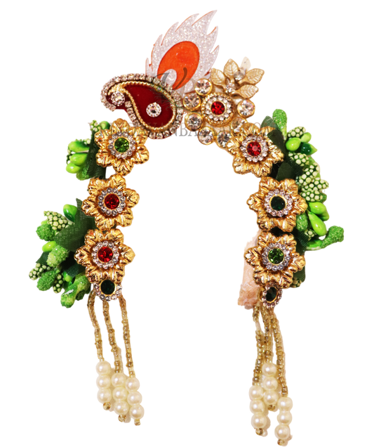 Golden flowers with green buds and peacock feather head tiara; size 1