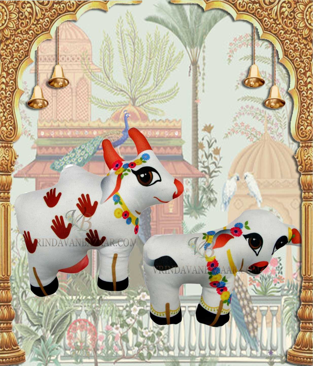 Krishna Leela- Krishna with Balaram, Madhu mangal, Vraja (monkey) and cow & calf soft toy