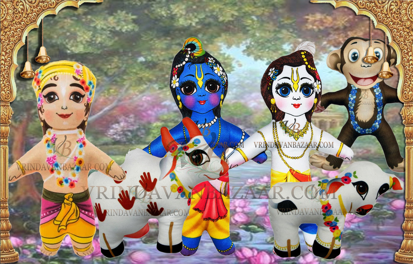 Krishna Leela- Krishna with Balaram, Madhu mangal, Vraja (monkey) and cow & calf soft toy