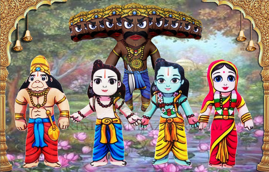 Ramayana epic- Lord Rama, Sita, Lakshman, Hanuman and Ravana soft toy; Height 8 inch