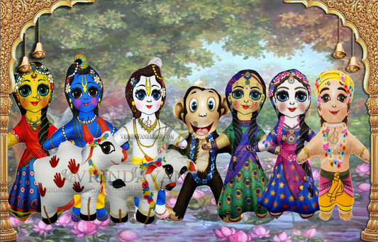 Radha Krishna with Balaram, Vraja Monkey, Madhu Mangal, Lalitha Visakha, Cow and calf soft toy; Height 8 inch