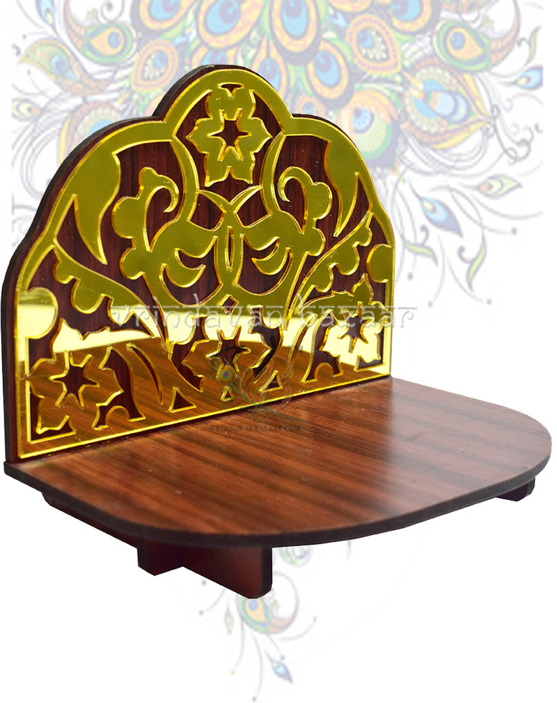Handcrafted Wooden Sinhasan For Dieties With Golden Flora Design In Background/ Dimensions: 5.75" X 4.25" X 4.75" (In Inches)