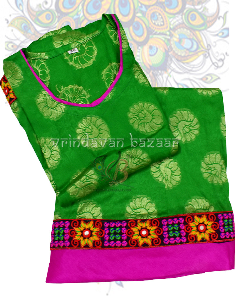 Green brocade gopi dress with embroidered border for girls