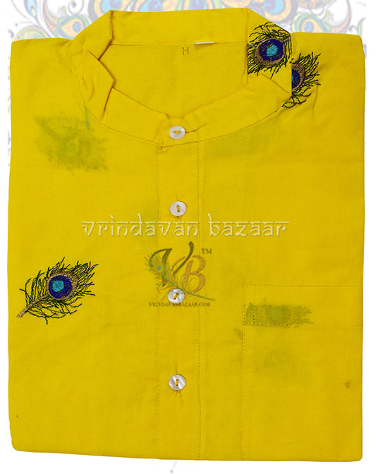 Yellow with peacock feathers embroidered kurta