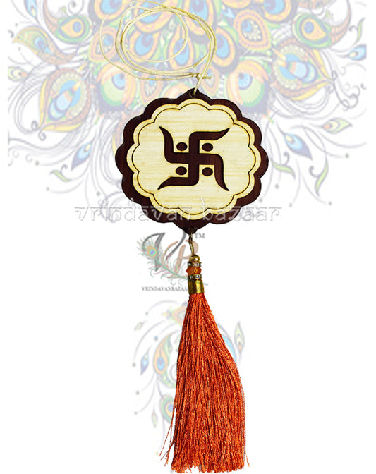 Wooden Swastik Hanging Beads Tassels Flower Design as Decoration Accessory- Hanging Length-20.5 iches