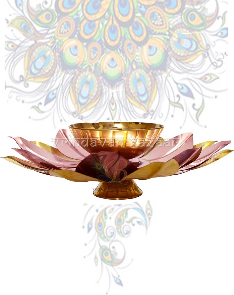 Copper Silver Gold Plated Lotus Design Diya Deepak, 8 Inch