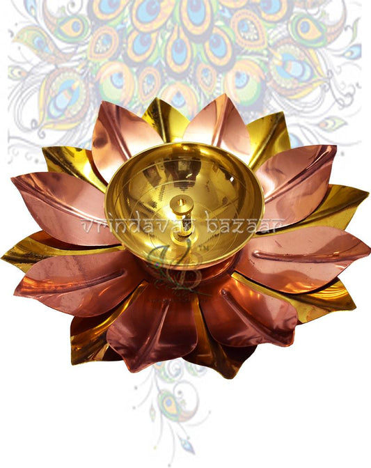 Copper Silver Gold Plated Lotus Design Diya Deepak, 8 Inch