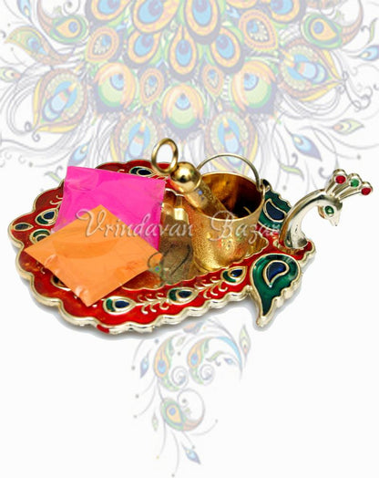 Peacock decoarated plate with Balti pichakri and 2 colour packets