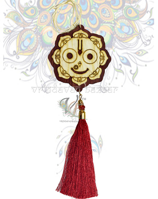 Wooden Jagannath Ji's Face Hanging Beads Tassels Flower Design as Decoration Accessory- Hanging Length-20.5 iches