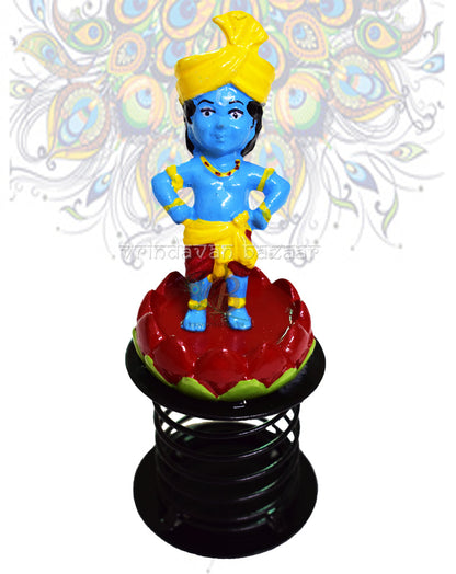 Cute blue krishna wearing turban on lotus base fun spring