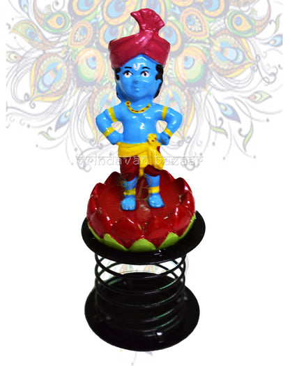 Cute blue krishna wearing turban on lotus base fun spring