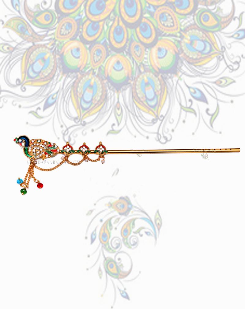 Red and green peacock stone studded flute; Flute length-  20 cm
