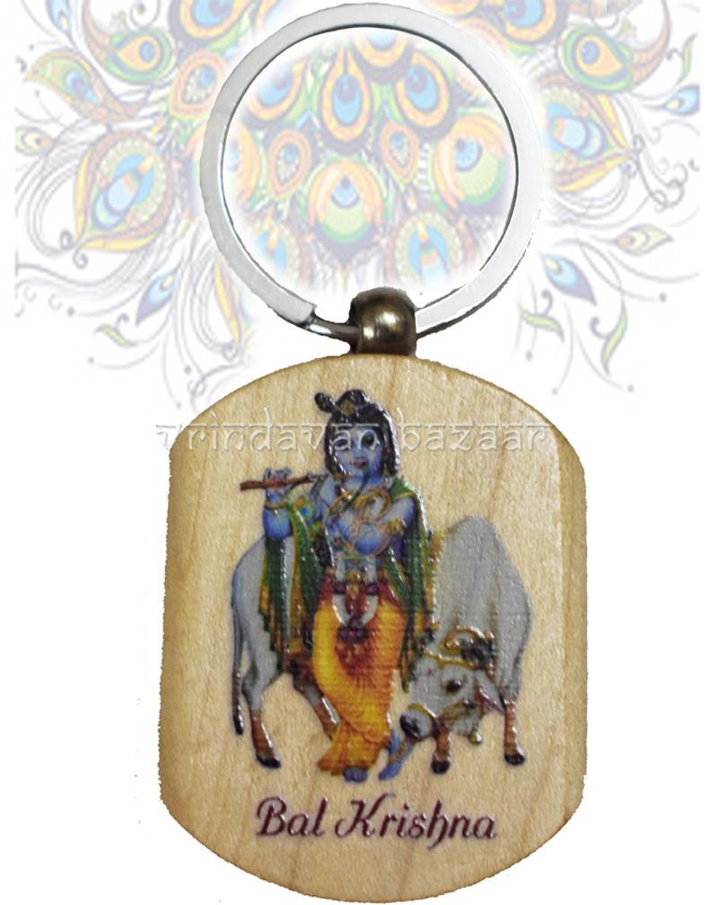 Krishna With Cow Wooden Plate Key Ring