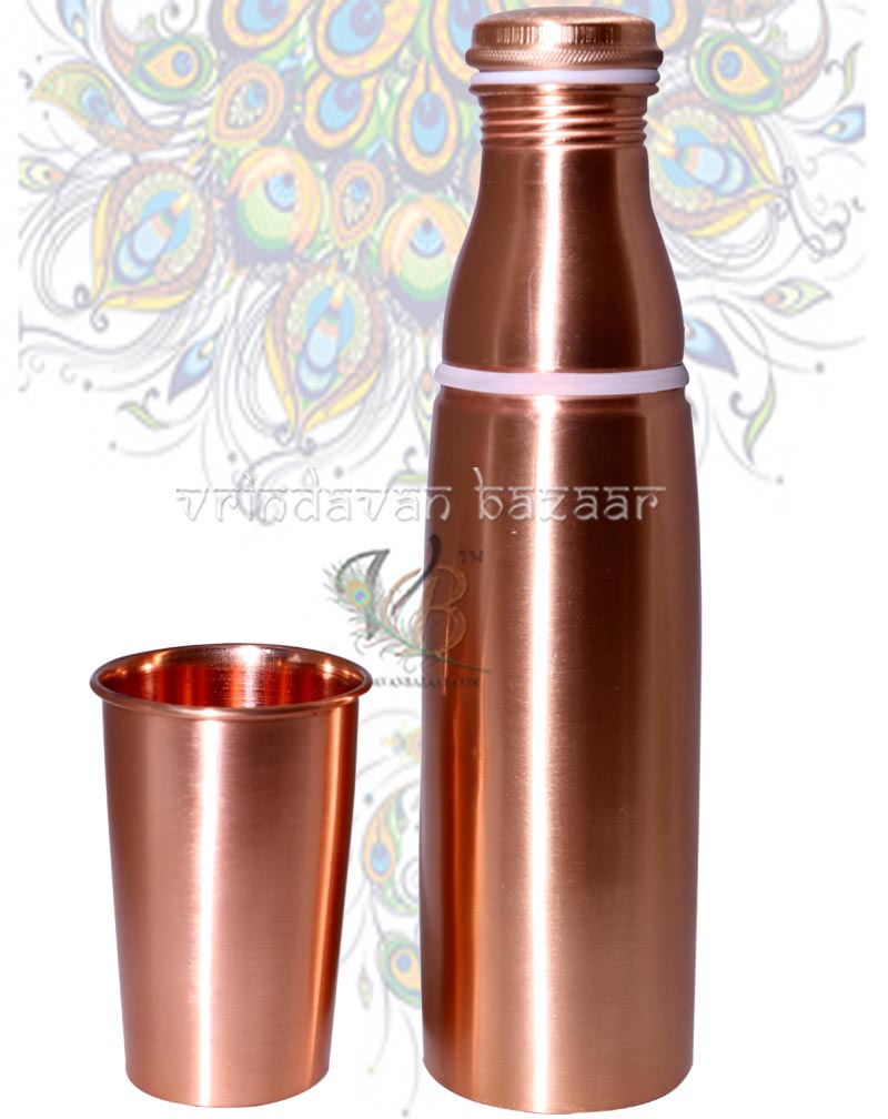 Copper Glass Fitted Ayurveda Copper Water Bottle with Glass Joint Less (1 Litre, Copper Mette Finish Outside Lacquered)