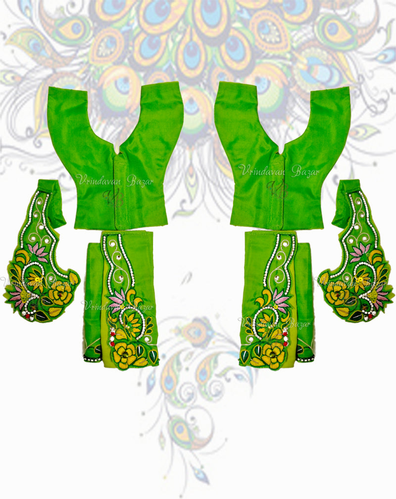 Leaf green Gaur Nitai dress with floral embroidery; Size 6 inch