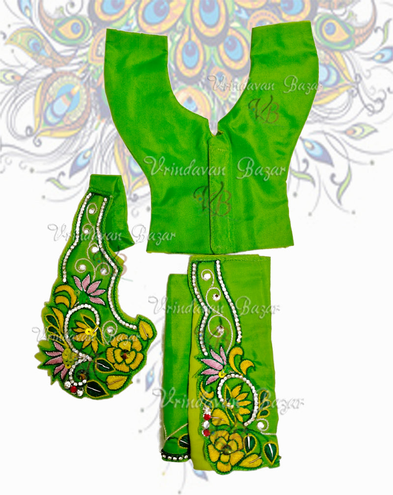 Leaf green Gaur Nitai dress with floral embroidery; Size 6 inch