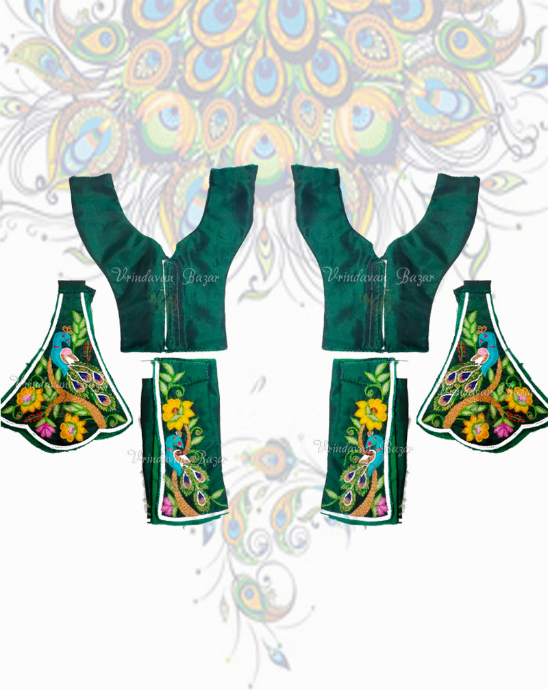 Dark green Gaur Nitai dress with elegant peacock embroidery