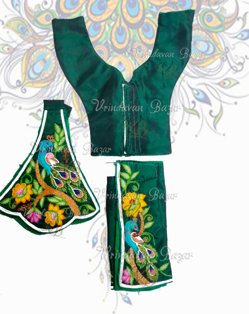 Dark green Gaur Nitai dress with elegant peacock embroidery