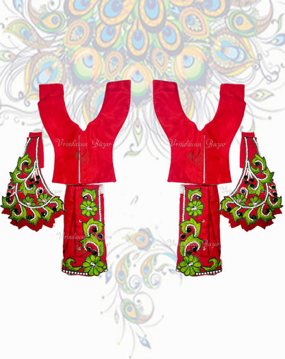 Red Gaur Nitai dress with green flowers embroidery